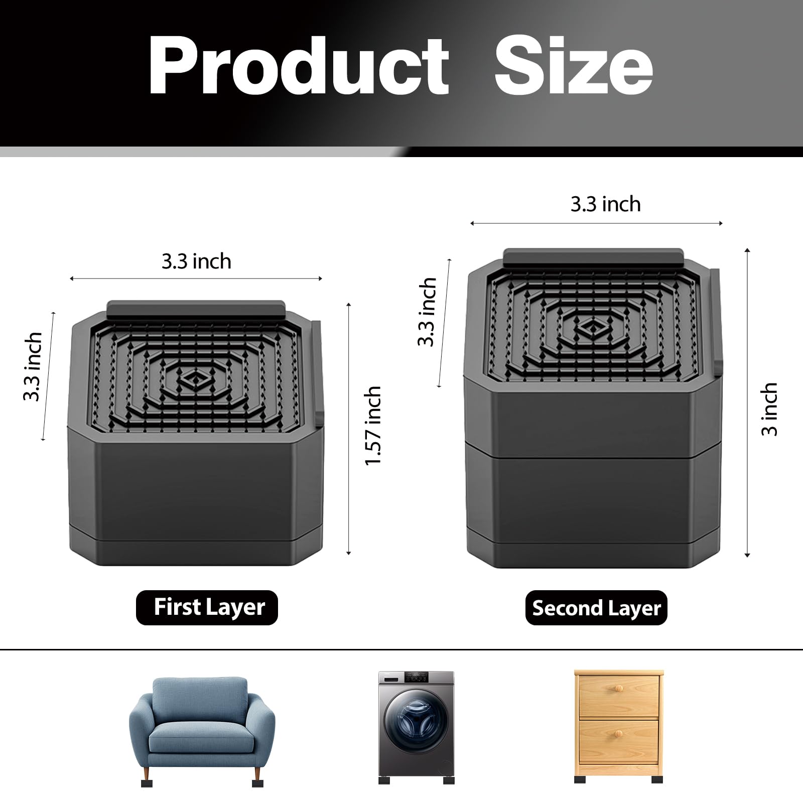 Geborn Adjustable Bed Risers,Oversized Furniture Risers for Desk, Sofa, Chair Legs, Refrigerator, Washing Machine,Heavy Duty Rectangular Block can Lift to 3 inches and Supports up to 4000 pounds