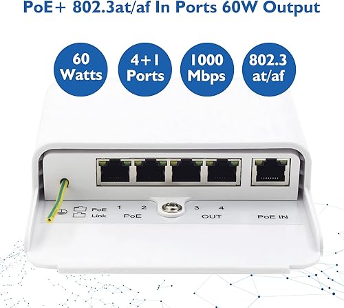 Miniatura 4 de ThePoEstore Gigabit - Extensor PoE de 5 puertos para exteriores, IP65, impermeable, interruptor PoE, amplificador PoE, potenciador PoE, 60 W