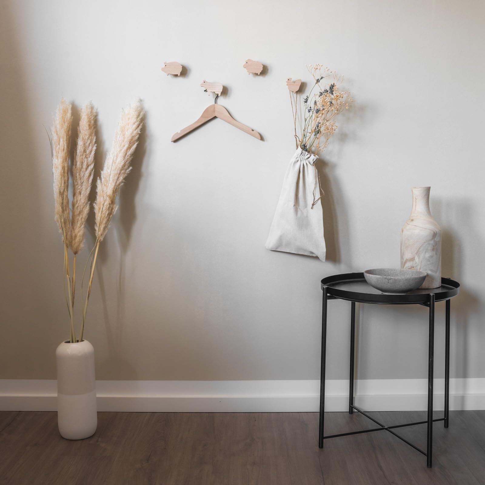 ScandiHooks Wandhaken voor kinderen van hout, dieren, kinderkamer, boerderij, kip, koe, schaap en varken, boerderij, decoratie, kledinghaken, garderobe, garderobe, Scandi-stijl, cadeau-idee, 5 x 7 x 3
