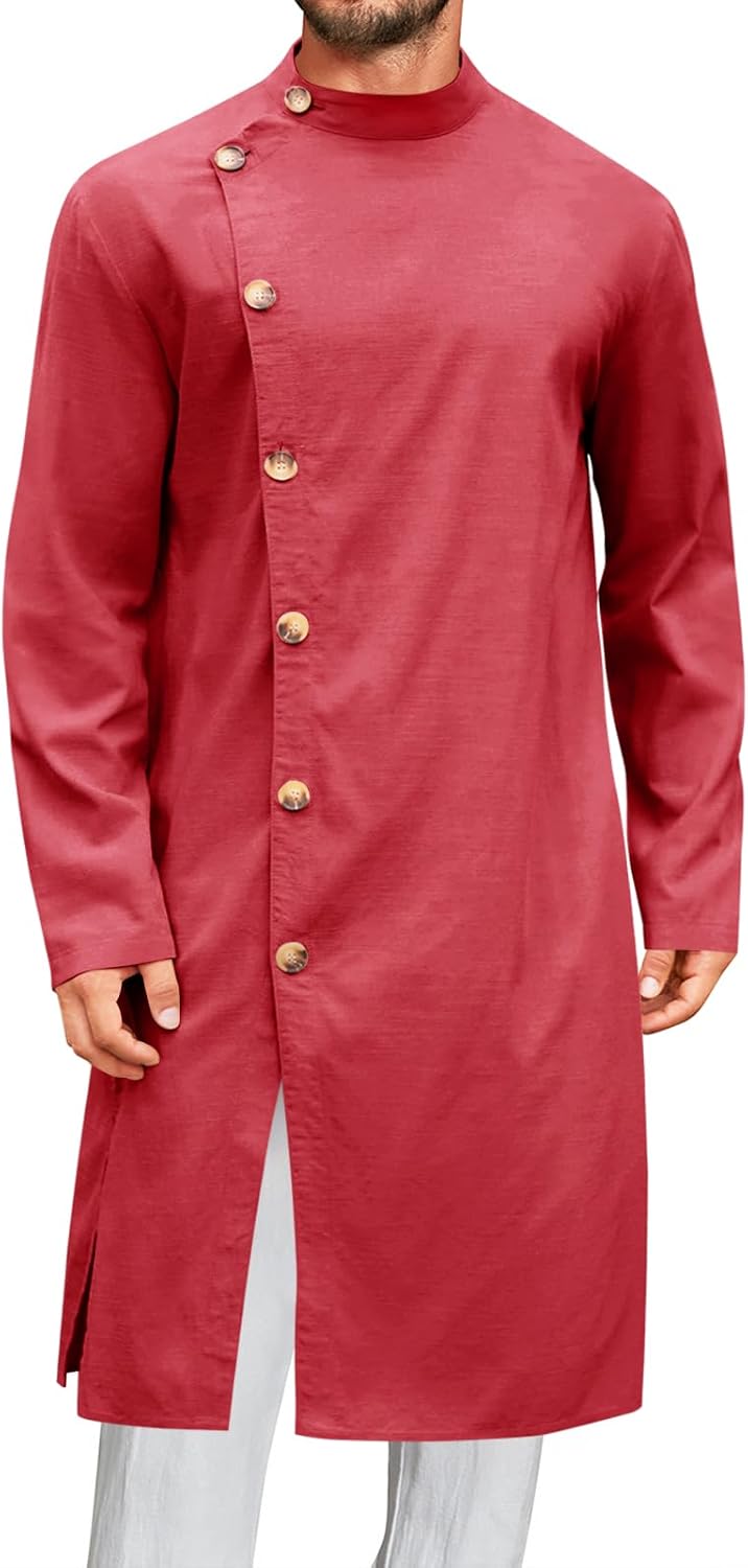 Runcati Mens Kaftan Thobe Button Down Long Sleeve Robe Casual Henley Shirt Cotton Muslim Gown Kurta Tops