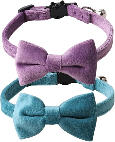 Miniatura 1 de Love Dream Collar de gato con pajarita y campanas, paquete de 2 collares de terciopelo de seguridad para gatitos con pajarita extraíble para gatos