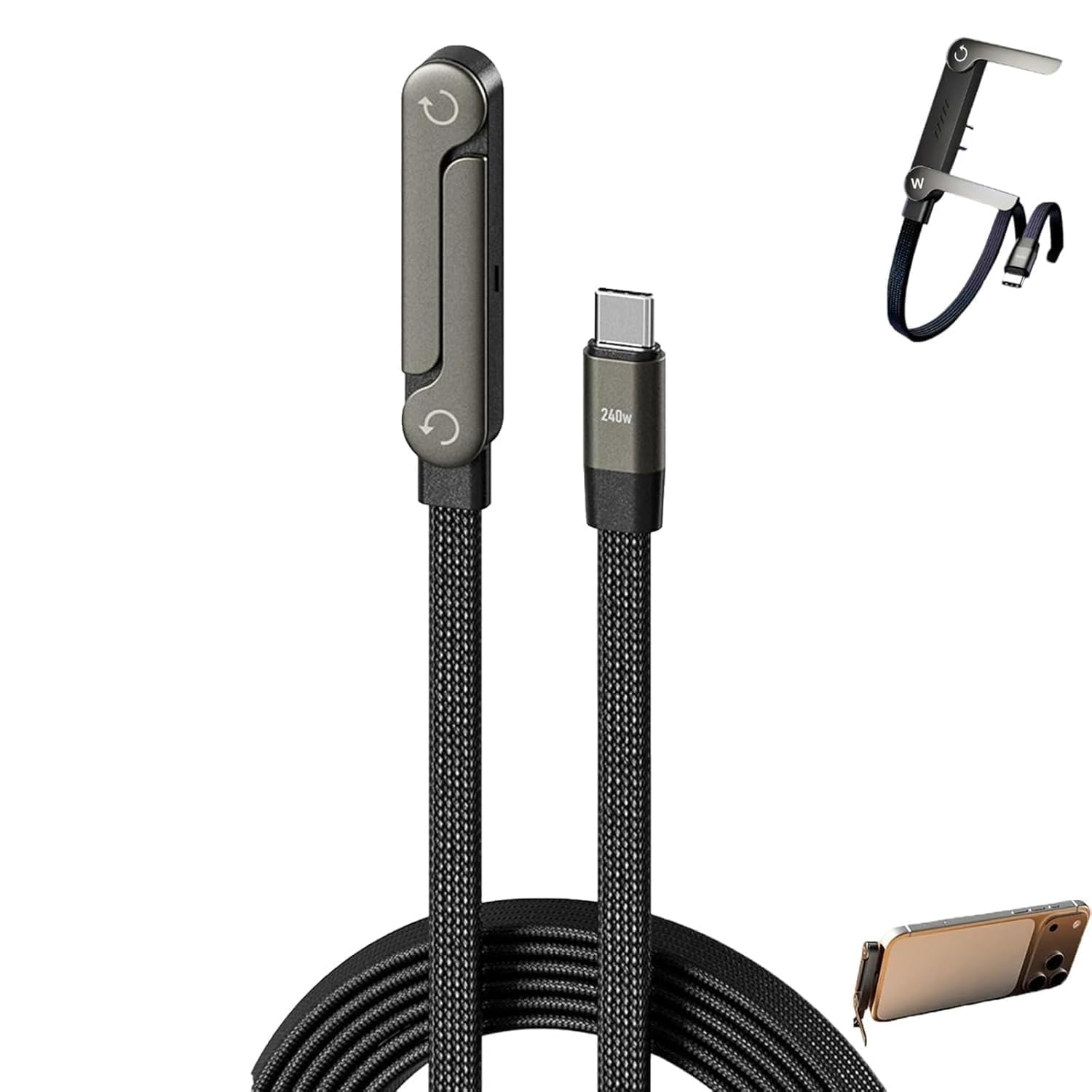 Shiatsu Invisible Holder Charger Cable with Stand, 2 in 1 Multi Nylon Braided Charging Cable, 240w Super Fast Charging with Folding Phone Holder Smartphone, Tablet, Laptop, Gaming