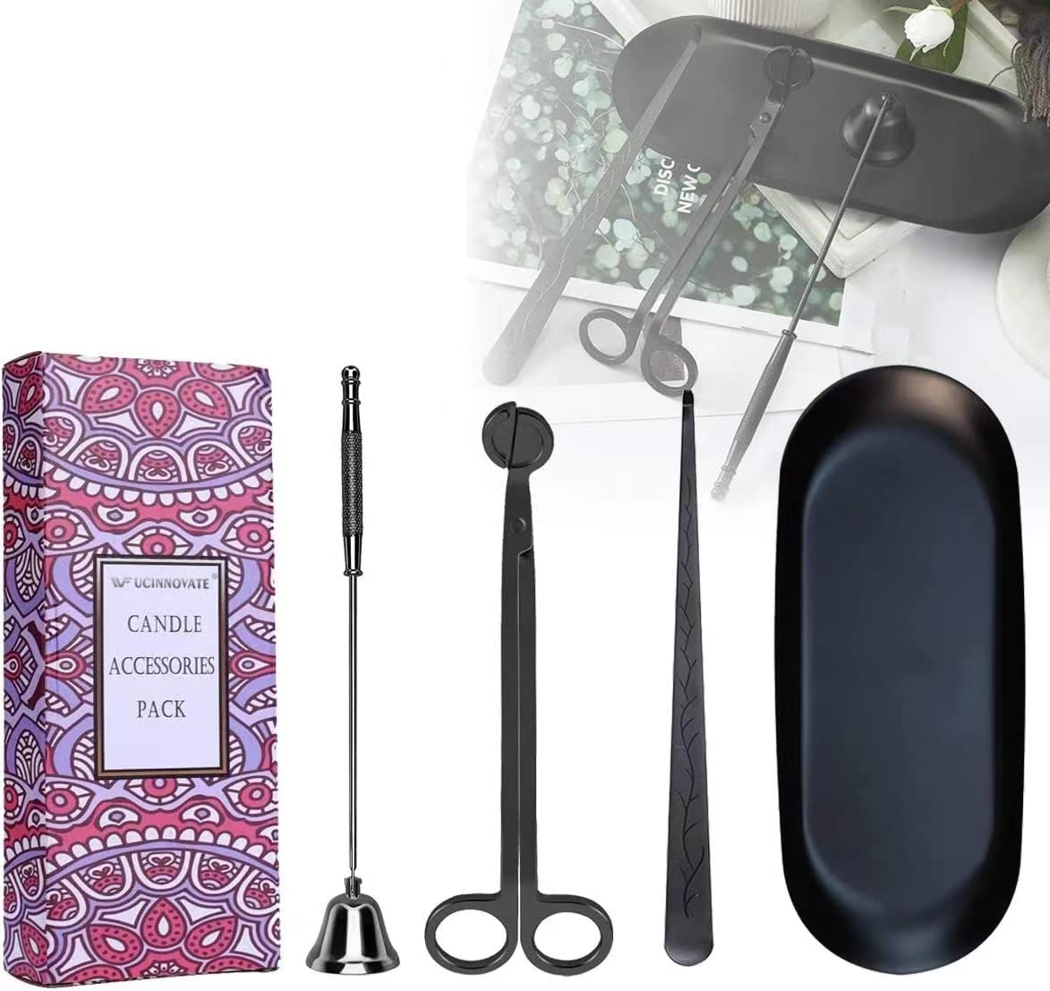 4 in 1 Candle Accessories Set, Candle Wick Trimmer Candle Cutter, Candle Snuffer, Candle Wick Dip, Storage Tray for Candle Lovers, Thanksgiving, Christmas (Black)