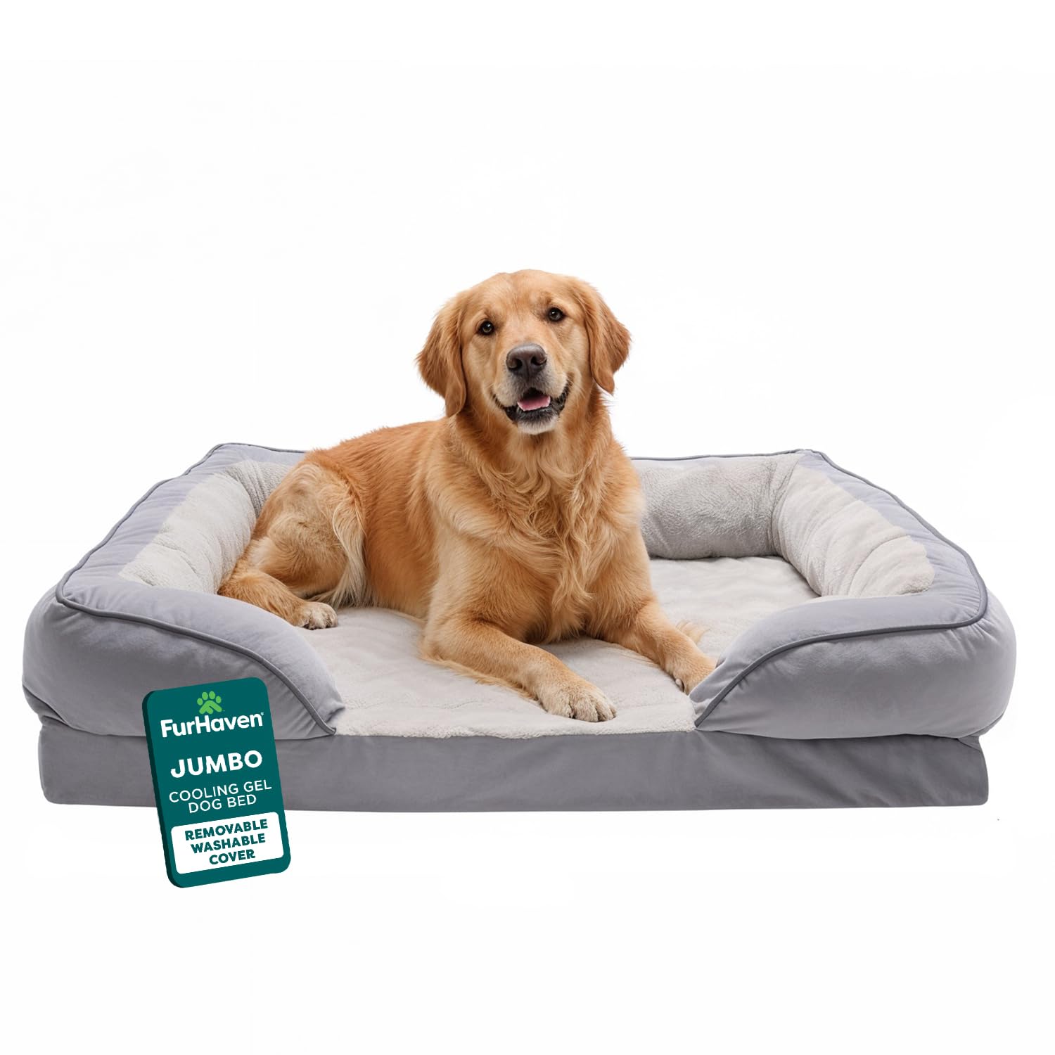 FurHaven Cooling Gel Dog Bed for Large Dogs, Perfect Comfort Sofa Bed with Cool Gel-Top Foam with a Solid Orthopedic Foam Base for Joint Support, Washable Cover, Jumbo XL, Plush & Velvet, Granite Gray