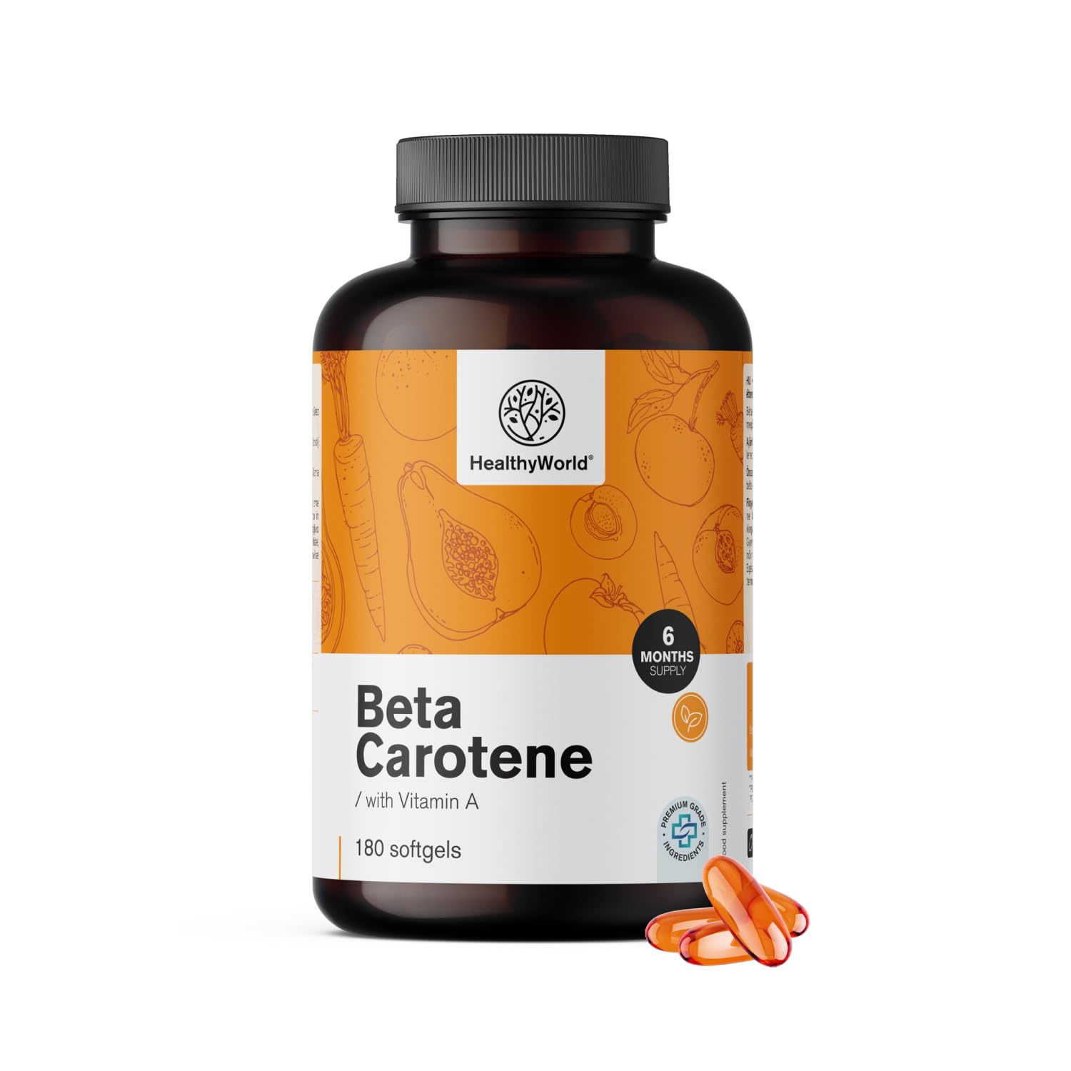 HealthyWorld Beta-Carotin 25.000 i.e. – 25.000 μg Vitamin A pro Dosis – 180 Weichkapseln – 6 Monate Vorrat – Glutenfrei und Laktosefrei – Unterstützung für das Sehvermögen und das Immunsystem