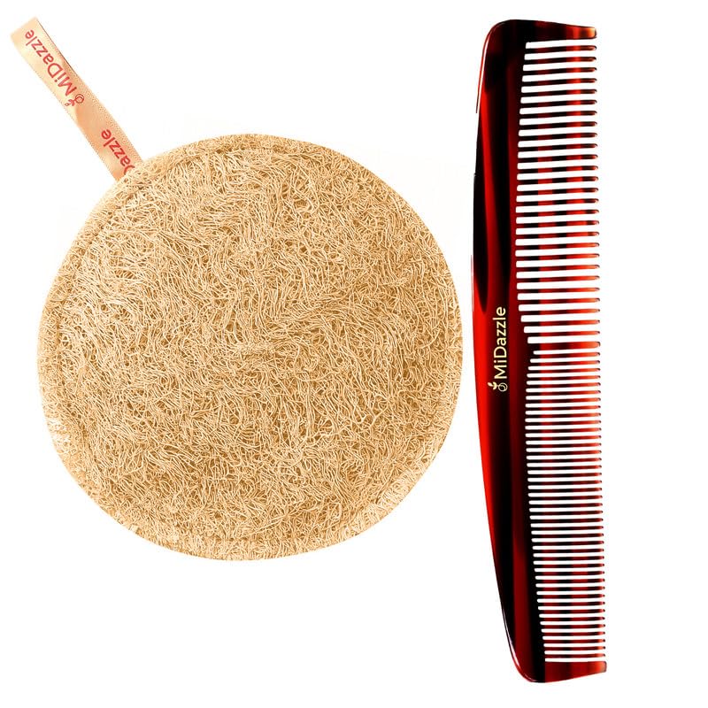 Image of Midazzle Body Scrubber Sun Dried Bath Loofah | Body Sponge for Men & Women | Loofah for Bathing (Round) With Handmade Graduated Dressing Handcrafted Hair Comb for Men and Women MIHC2206 - Set of 2