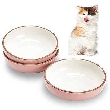 5.19 in Ceramic Cat Dishes, Cottagecore Shallow Cat Food Bowls Small Pet Bowls Cat Dishes for Food and Water, 3 Pack, Pink