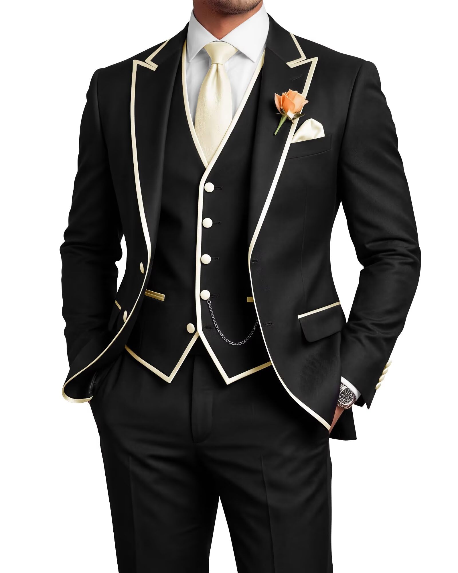 Men's 3 Piece Tuxedo for Men Slim Fit Black Wedding Suits for Groom Groomsman Prom Graduation Jacket Vest Pants