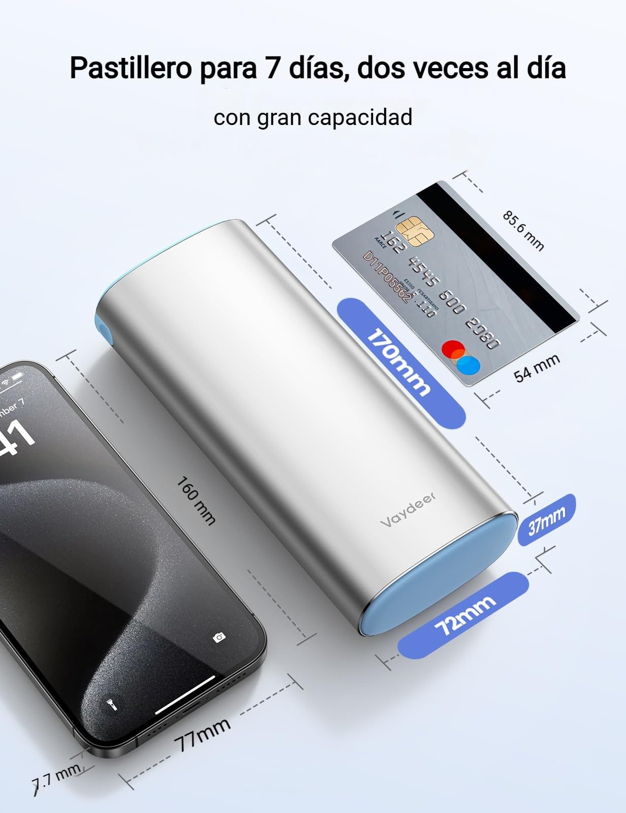 Vaydeer Pastillero Semanal 2 Tomas – Organizador Metálico 7 Días con Protección Anti-Humedad, Compartimentos Sellados AM/PM para Viaje, Vitaminas, Médicos (Plata Compacto)