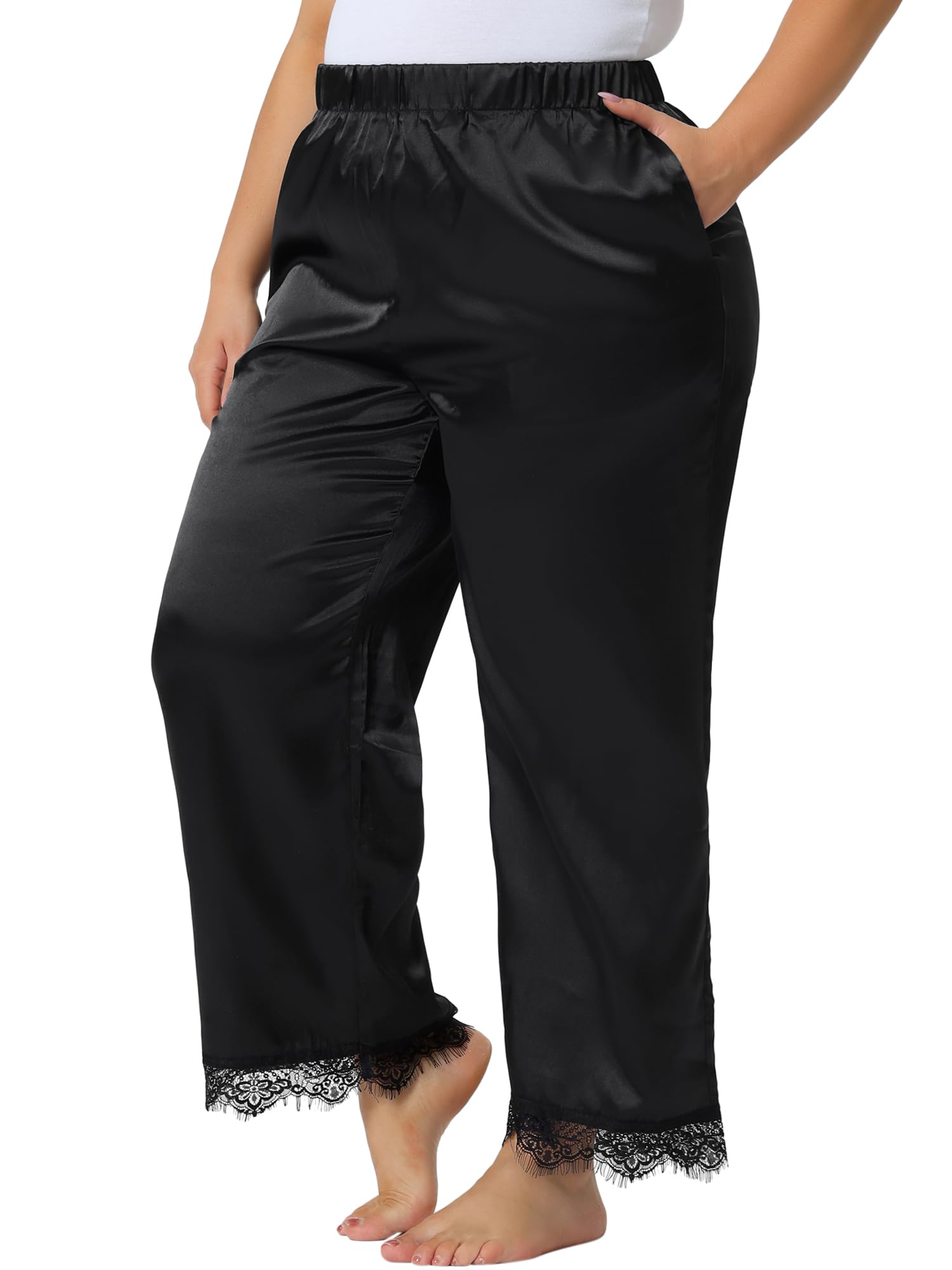 Agnes Orinda Plus Size Leg Pajama Pants for Women Satin Silk Lace Soft Elastic Waist Pockets Lounge Pants