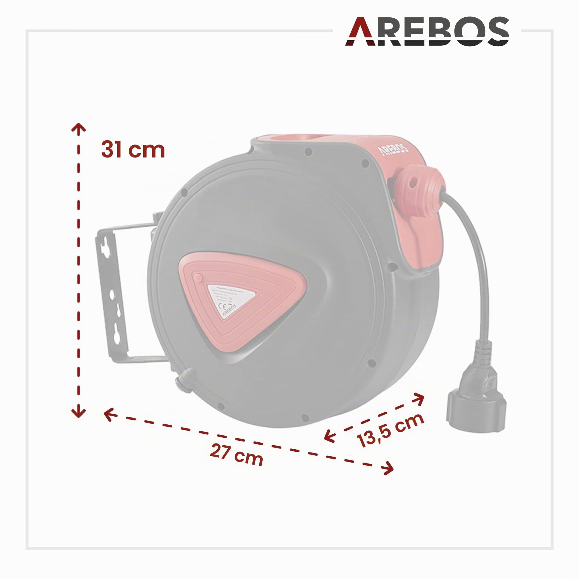 Arebos Enrollador automático de cable | Montaje en pared | Giratorio lateral 180° | Incluye material de montaje | 10 m + 1,5 m |