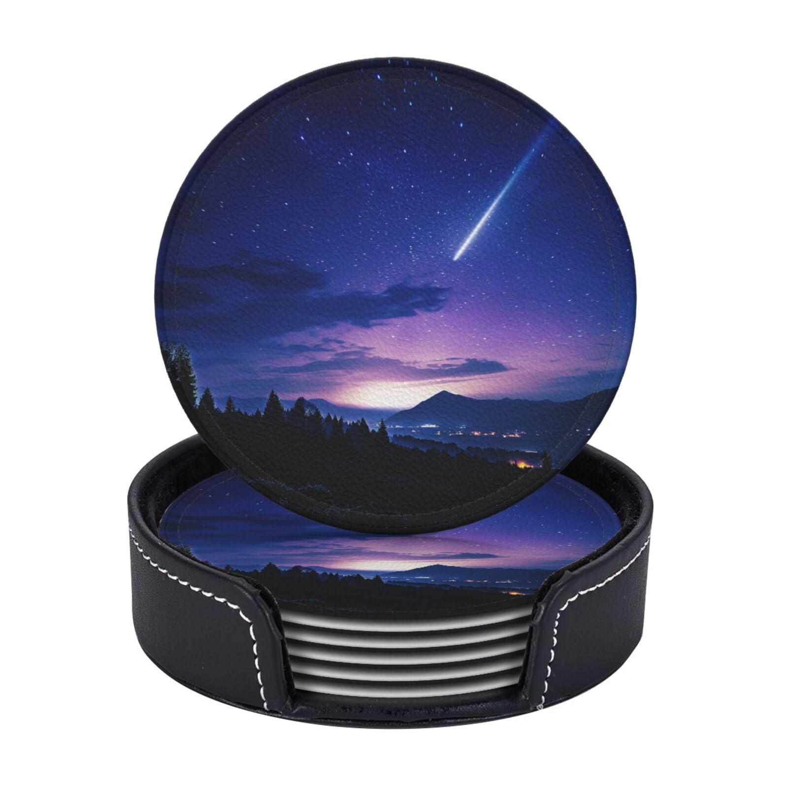 Drink Coasters Set of 6 Coffee Leather Coaster with Holder Night sky silhouette Coasters for Drinks Coffee Cup Mat Heat Resistant Tabletop Protection Coaster Desk Accessorie Home Decorative