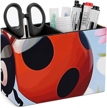 Pen Pencil Holder Cup PU Leather Desk Organizer Cartoon Ladybug Flower Desktop Stationery Organizer for Table Desk Office