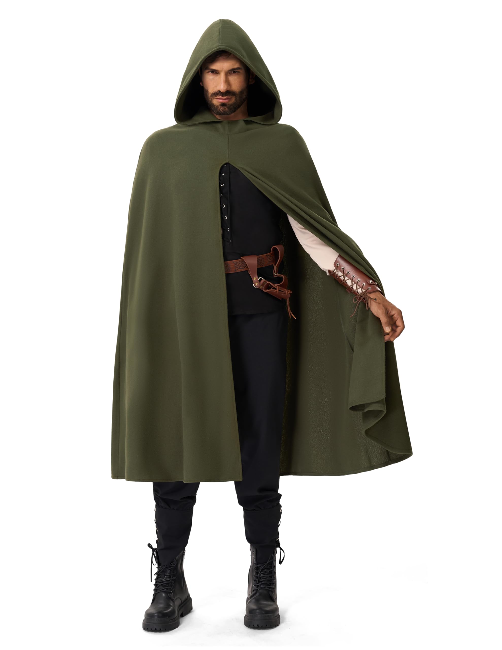 Spooktacular Creations Disfraz de capa renacentista de Halloween para hombre, capa medieval verde con capucha, capa vintage para fiestas temáticas