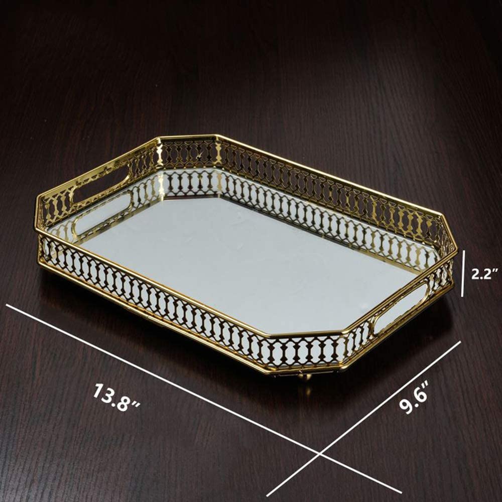Perfume Tray, Mirror Tray, Vanity Tray, Glass Tray, Rectangle Metal Decorative Dresser Tray, Jewelry Organizer Makeup Tray for Dresser, Bedroom, Gold, Large Size 13.8" X 9.6" X2.2"