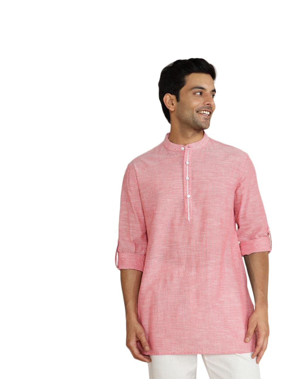 Men Pink Woven Design Cotton Thigh Length Kurta-image-30
