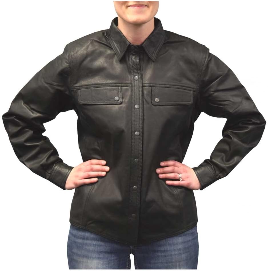 Redline Women’s Lightweight Snap Down Collar Leather Riding Shirt, Black L-1800 Redline Women’s Lightweight Snap Down Collar Leather Riding Shirt, Black L-1800