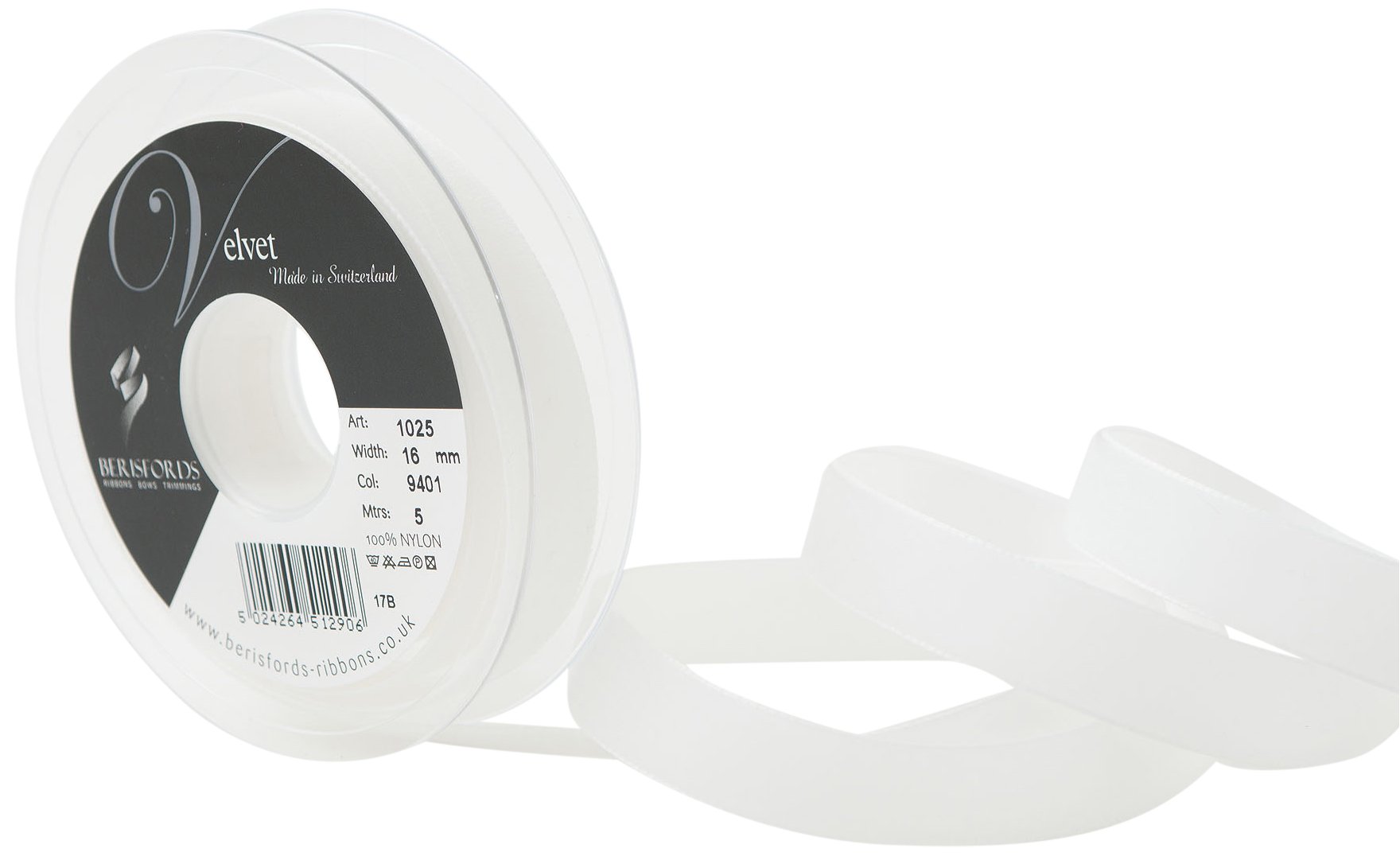 Berisfords Velvet Ribbon, White, 102 x 21 x 102 cm