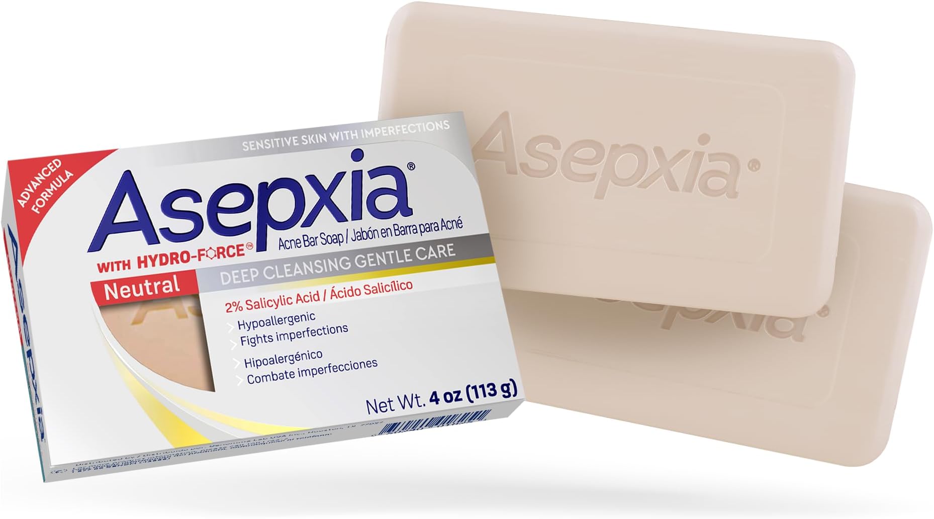 Asepxia Acne Treatment Neutral Hypoallergenic Bar Soap | 2% Salicylic Acid Cleanser, Removes Impurities & Excess Oil, Soothes Skin with Natural Botanical Extracts, Daily Use, Face Wash, 4 Oz, 2-Pack