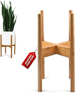 Fox &amp; Fern Adjustable Plant Stand for Indoor Plants - Single Mid Century Modern Plant Stand with Adjustable Width for 8'' to 12'' Plant Pots (NOT INCLUDED); Bamboo Planter Stand &amp; Floor Plant Stand