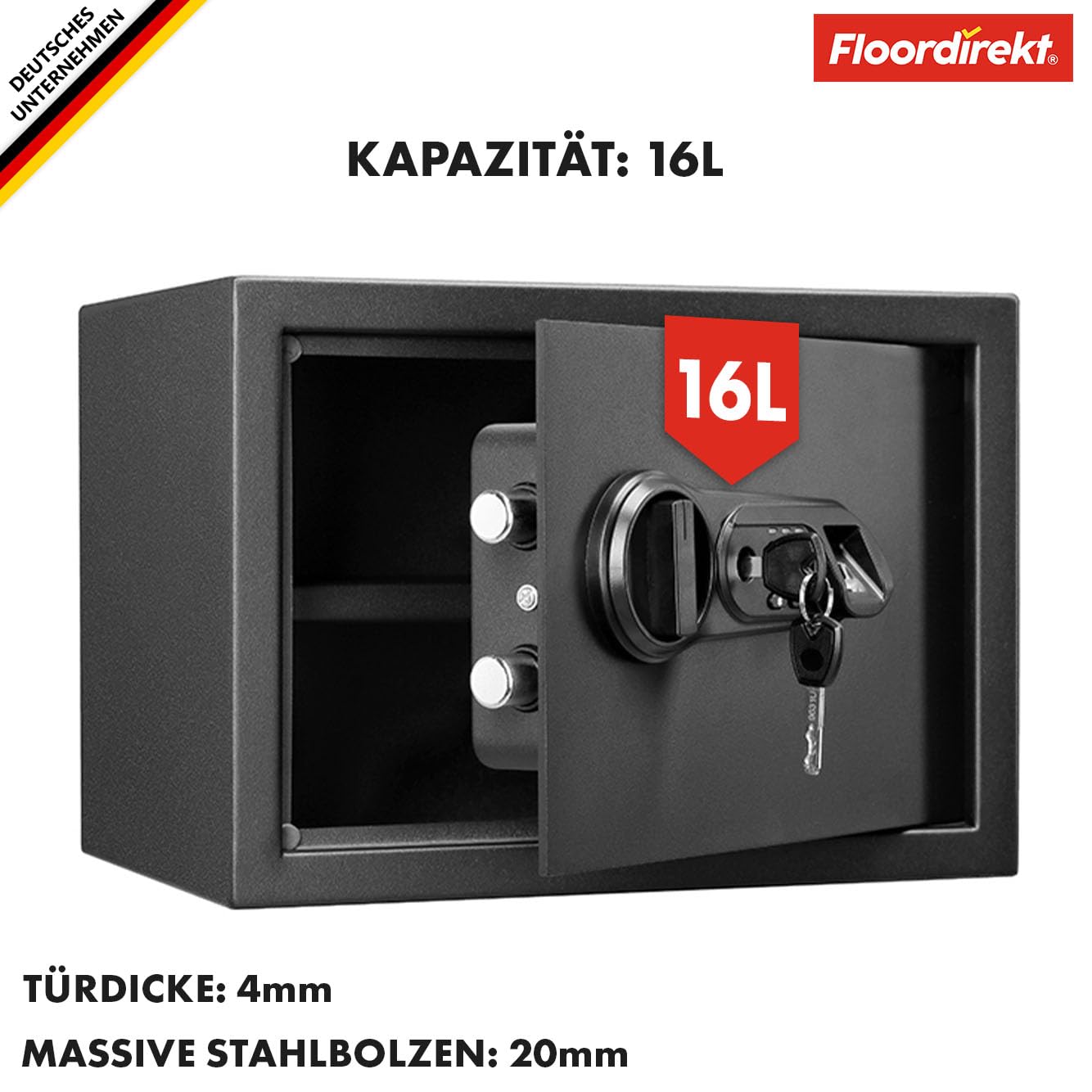 Floordirekt Cassaforte Catoca 25 x 35 x 25 cm - Cassaforte per mobili con impronte digitali e serratura a combinazione, piccola cassaforte da parete per casa, cassaforte con chiave