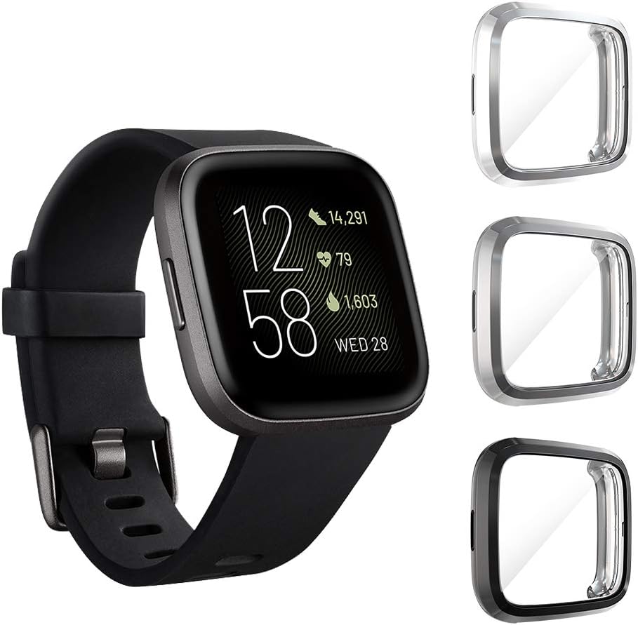 Seltureone (3 Pack) Compatible for Fitbit Versa 2 Screen Protector Case, Full Body Cover Scratch Resistant Shock Absorbing Ultra Slim Protective for Fitbit Versa 2 Cases (Clear,Black,Gray)