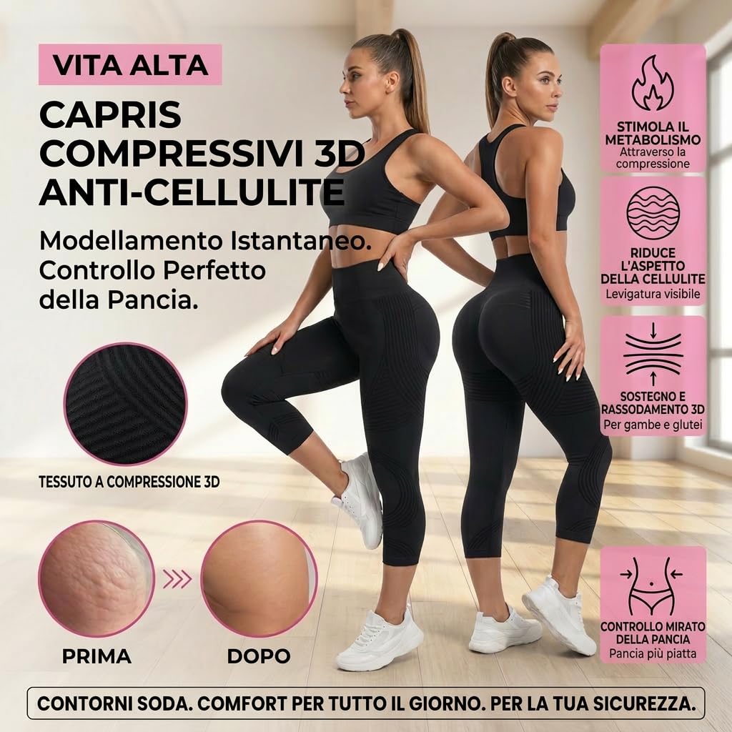 Leggings Estiva 3D Anticellulite Donna Collant 3/4 Sportivi Drenanti a Compressione Graduata Push Up Pantaloni da Palestra per Yoga Fitness e Pilates