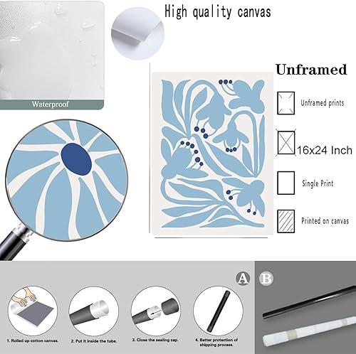 Miniatura 2 de WARTHZ Lienzo bohemio abstracto de flores azules de 16 x 24 pulgadas, juego de 3 lienzos botánicos modernos para decoración de pared, impresiones de