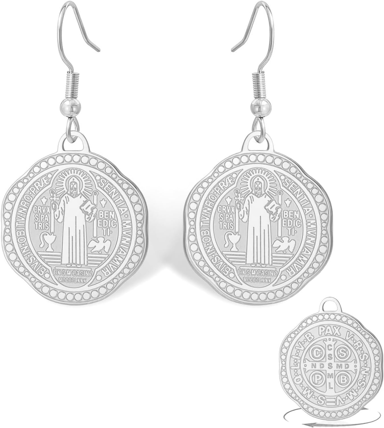 Wuufake Saint Benedict Medal Drop Earrings for Women Catholic Christian Cross Pendant Dangle Earrings Protection Amulet Exorcism Bible Verse Religion Jewelry Gift, Silver