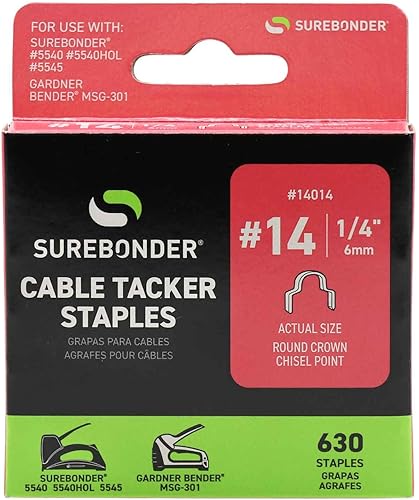 Surebonder Grapas redondas #14 para cable de TV y computadora, se adapta a cables de hasta 1/4 pulgadas de diámetro, 630 grapas
