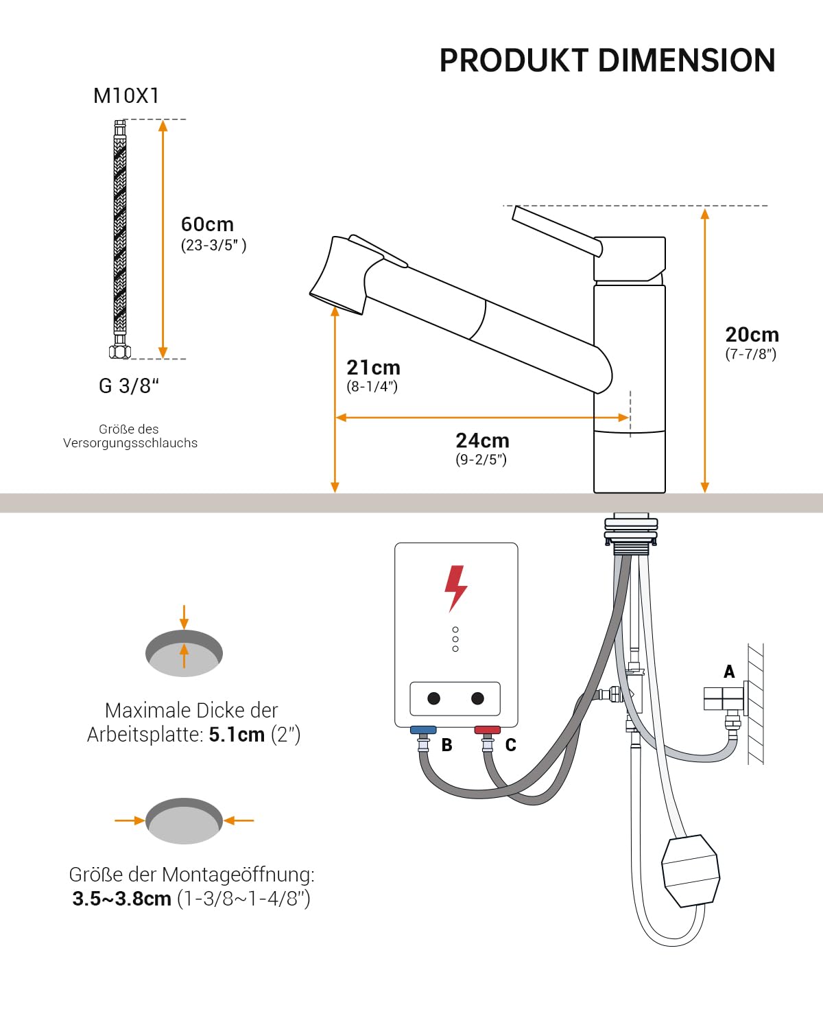 DAYONE Niederdruck Wasserhahn Küche, Niederdruck Küchenarmatur mit Ausziehbarer Brause, 3 Anschlüsse, 2 Strahlarten Spültischarmatur, Mischbatterie Küche, Ausziehbar Küche Mischbatterie für Boiler
