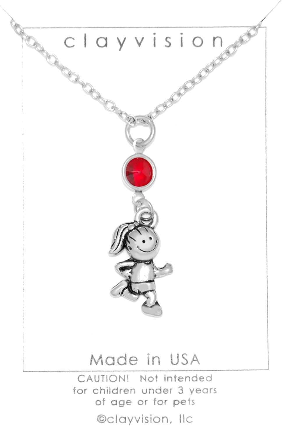 Runner Track Field Marathon Girl Charm Necklace w/ Ruby Colored Crystal July