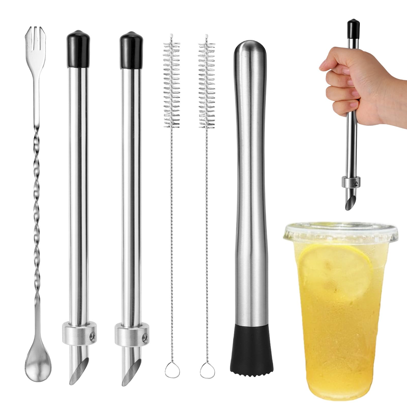 6pcs Straw Puncher and Muddler for Plastic Lids Lemonade, Stainless Steel Deli Container Straw Hole Puncher Tool Fresh Squeezed Lemonade Stand Supplies for Cafe Drinks