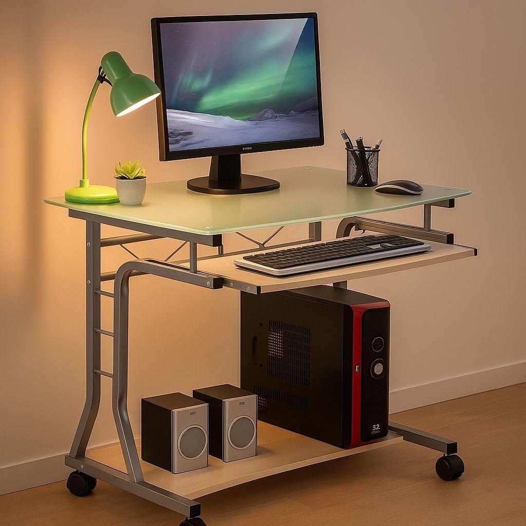 Equipo original de escritorio para PC compacto de metal y vidrio con ruedas