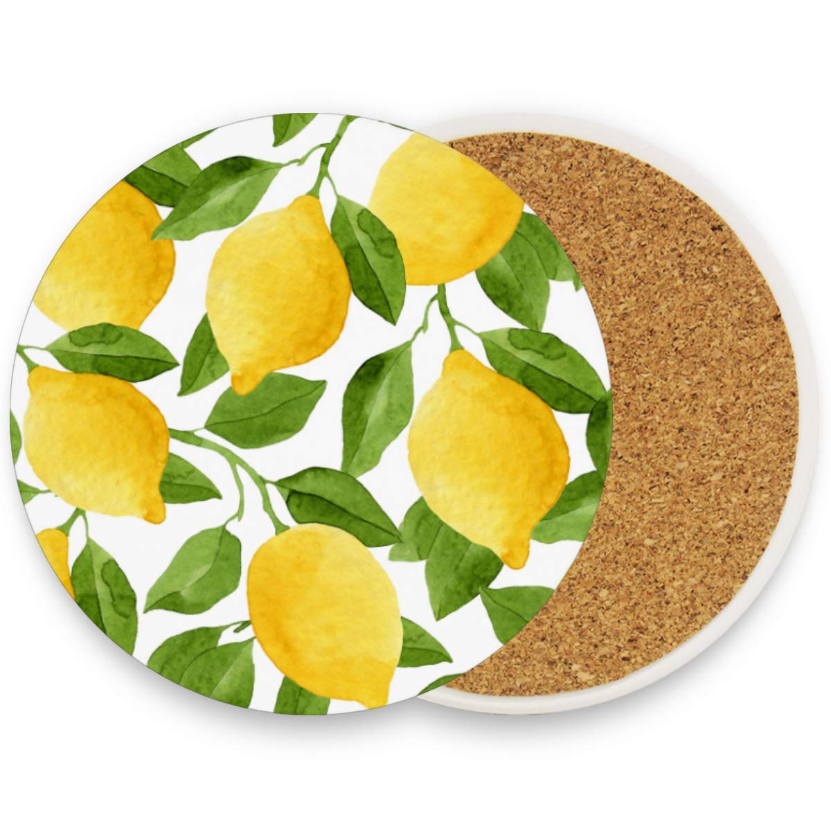 visesunny Yellow Lemon and Green Leaf Pattern Drink Coaster Moisture Absorbing Stone Coasters with Cork Base for Tabletop Protection Prevent Furniture Damage Coffee Mug Glass Cup Place Mats, 2 Pieces