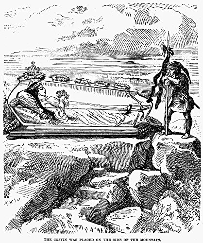 Grimm Snow White NThe Coffin Was Placed On The Side Of The Mountain Snow White Asleep In The Glass Coffin After Swallowing A Piece Of The Poisoned Apple Proffered By Her Wicked Stepmother Wood Engravi