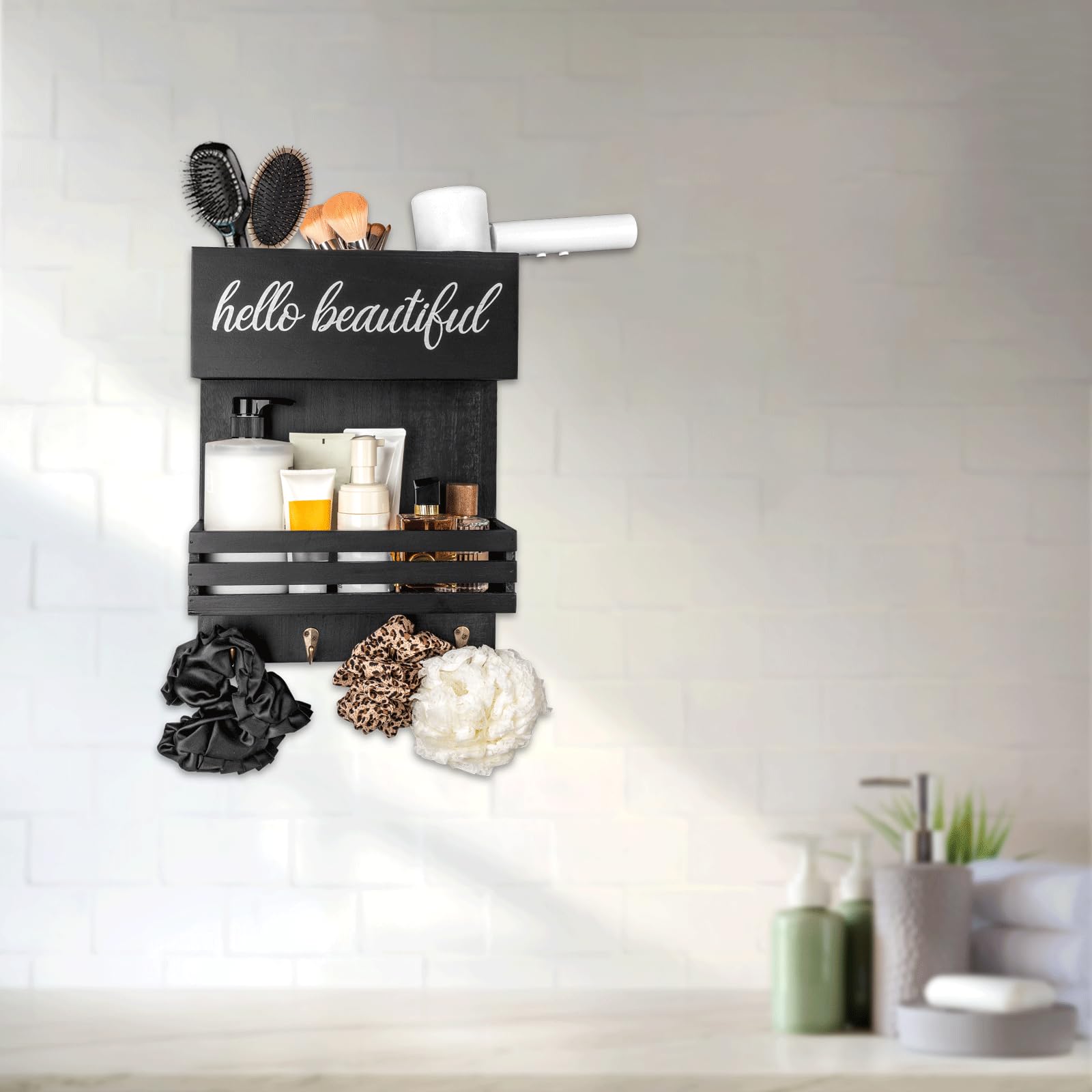 Portasecador de Pelo Madera - Organizador 2 Niveles para Planchas y Cosméticos del Baño,Organizador de Herramientas para el Cabello, Montaje en pared o Mostrador (Negro)