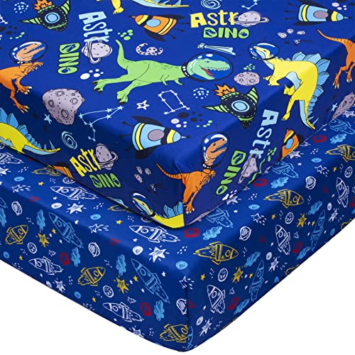 Image of UOMNY Crib Sheets for Boys Girls Crib Sheet Set for Standard Crib Mattress 2 Pack Baby Sheets for Crib Soft Breathable Crib Mattress Sheets 28 x 52 inch Blue Dinosaur Space