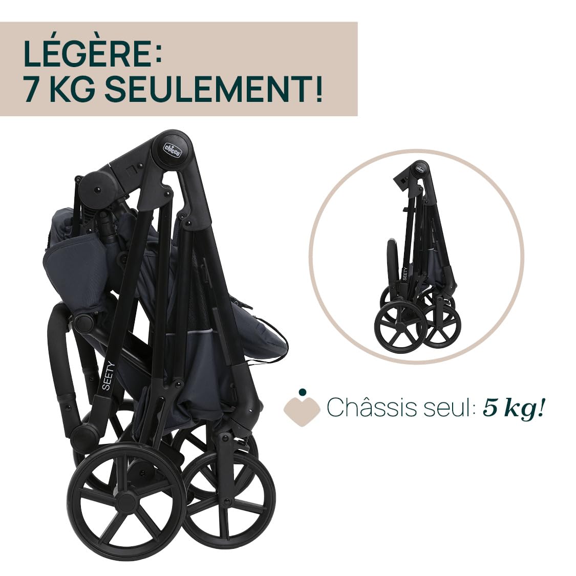 Chicco Poussette Seety, Poussette Bébé Légère et Compacte de 0 Mois à 4 Ans, Capacité de Charge Maximale de 22 kg, Poussette Pliable, Dossier Inclinable, Pliage Automatique en 1 Étape, Canopy