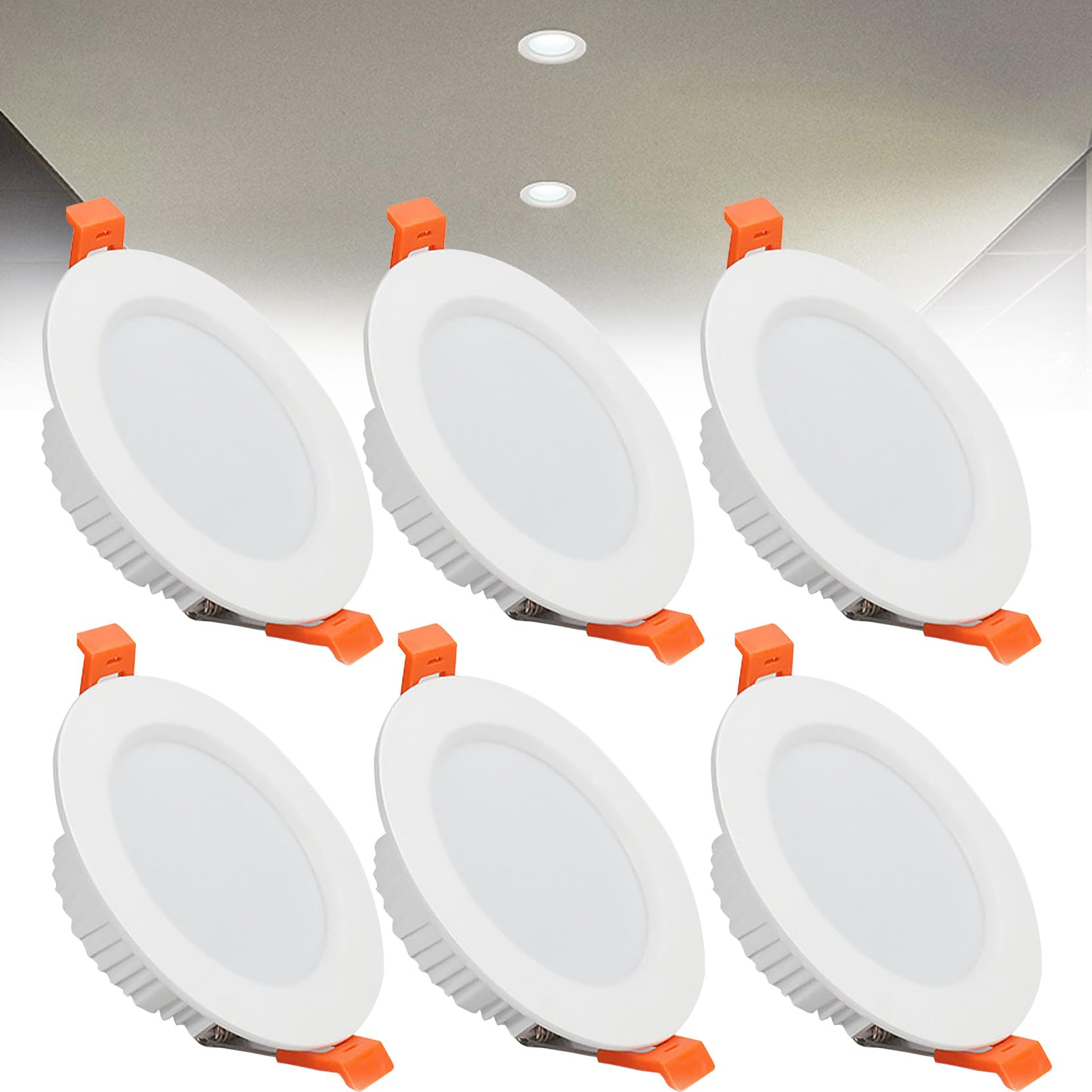 7W LED Recessed Ceiling Spotlights, 6000K Cold White Ultra Slim Panel Light, Cut Φ80-90mm, AC110-240V Round Downlights for Living Room Office, 6 Pack