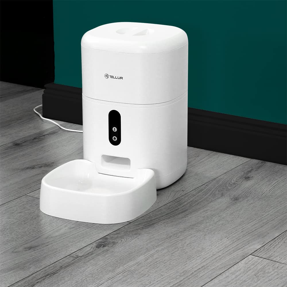 TELLUR SMART Distributore Automatico di Cibo per Gatti e Cani, Mangiatoia Alexa, WiFi, 4L, Videocamera 2K, Compatibile Alexa e Google,Rregistrazione Vocale 10s, Tempo del Cibo e Porzioni Programmabili