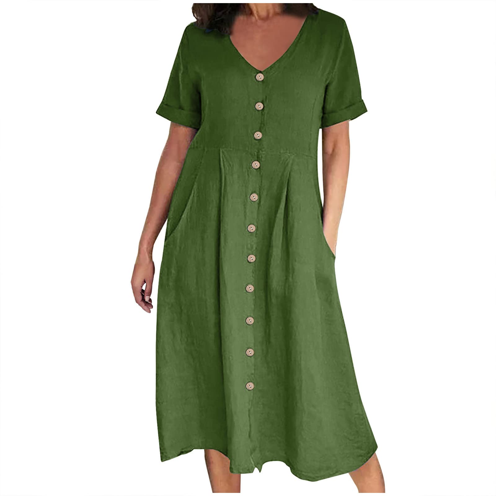 AMhomely Summer Dress Women UK-Button Down Shirt Dress,Plus Size Cotton Linen Dresses with Pocket,V Neck,Short Sleeve,Bohemian Beach Sundress,Office Work,Holiday Vacation B Green 4XL