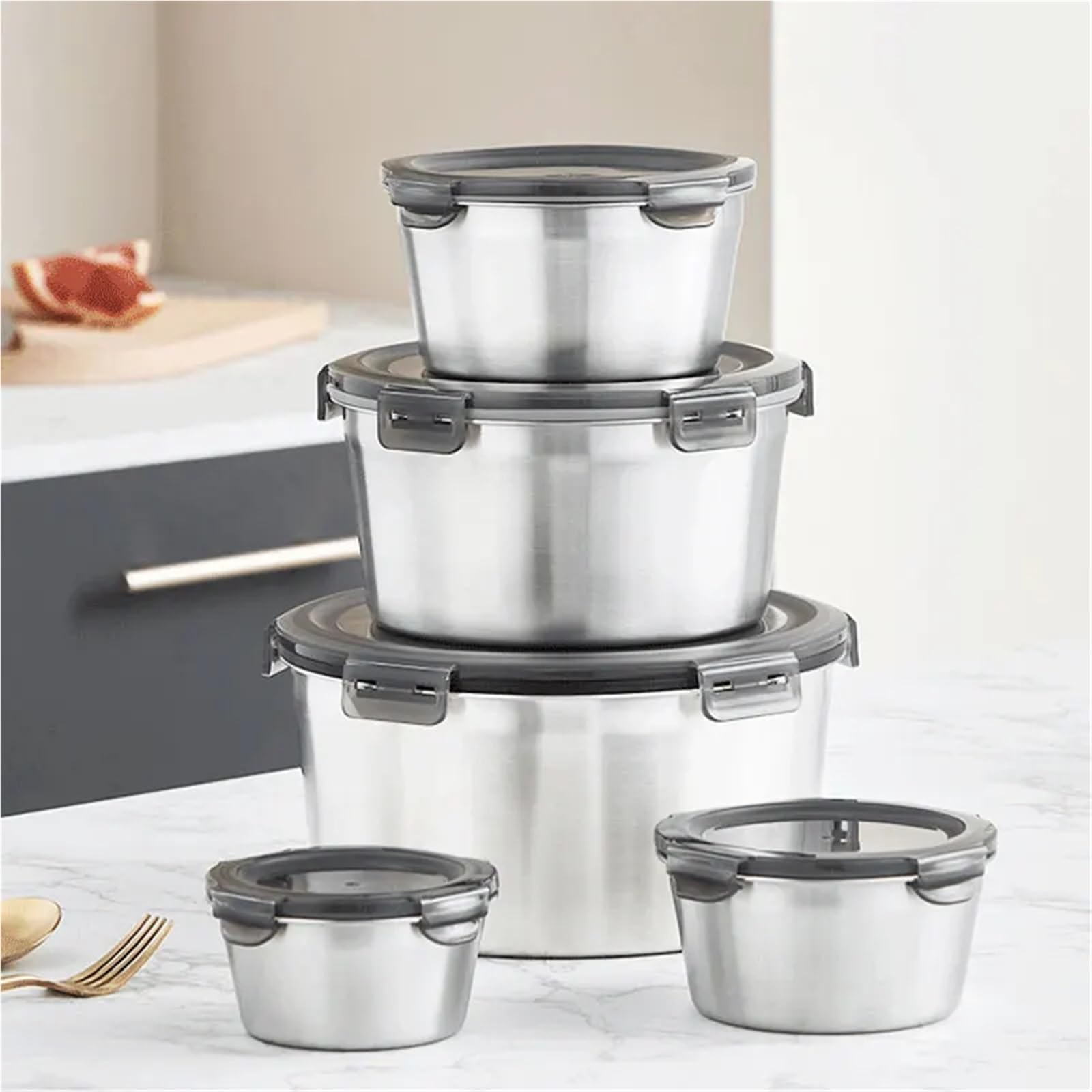Edelstahl Aufbewahrungsdose 1/4/5 Stück 304 Edelstahl Runde Lunchbox Kühlschrank Crisper Luftdichte Lebensmittelbox Mikrowelle Heizung Kochen Mittagessen Frischhaltebox(1100ML)