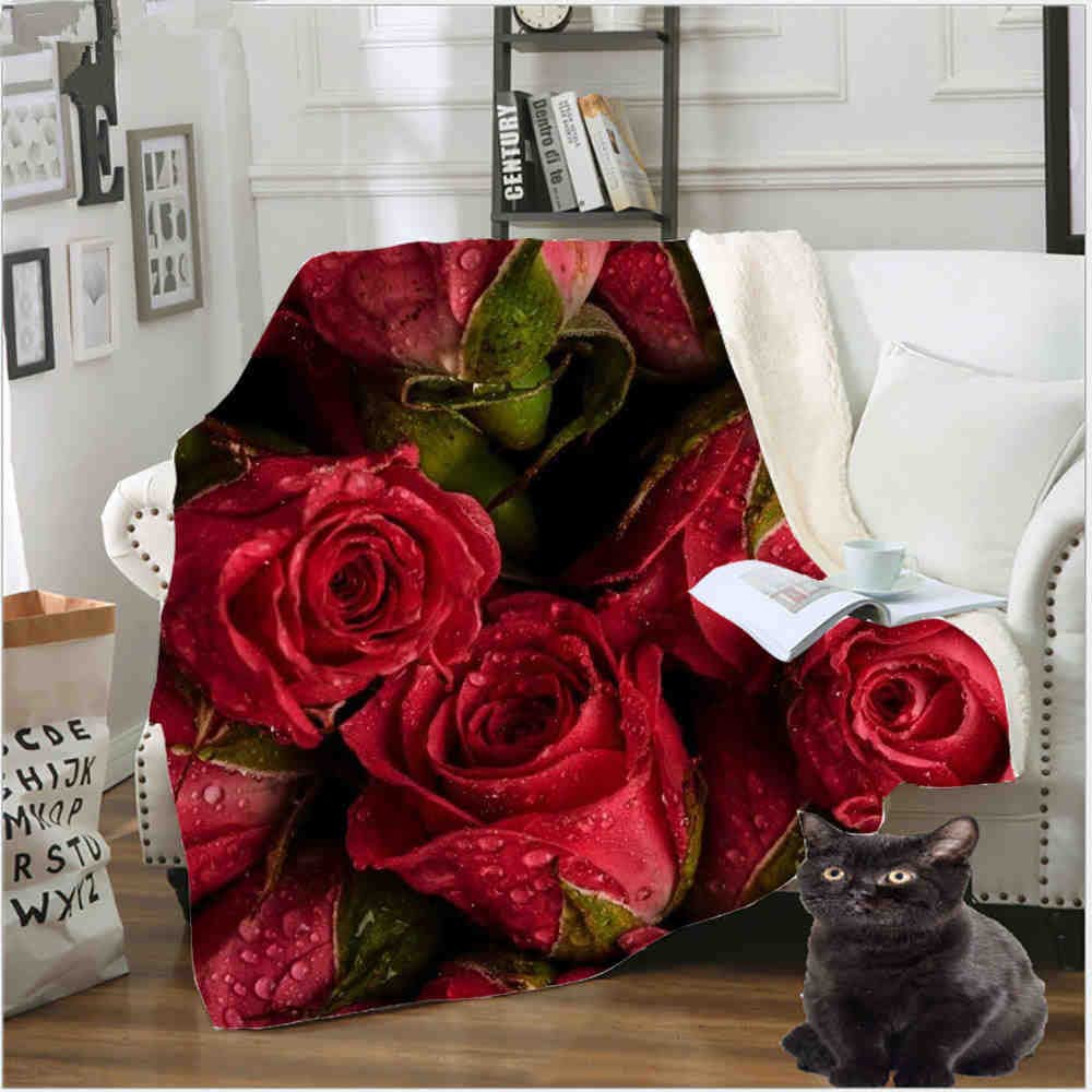 Red Rose Flower Bedding Flannel Blanket Sherpa Thin Quilt Blanke Plush Warm Room Decor Sofa Chair Cover
