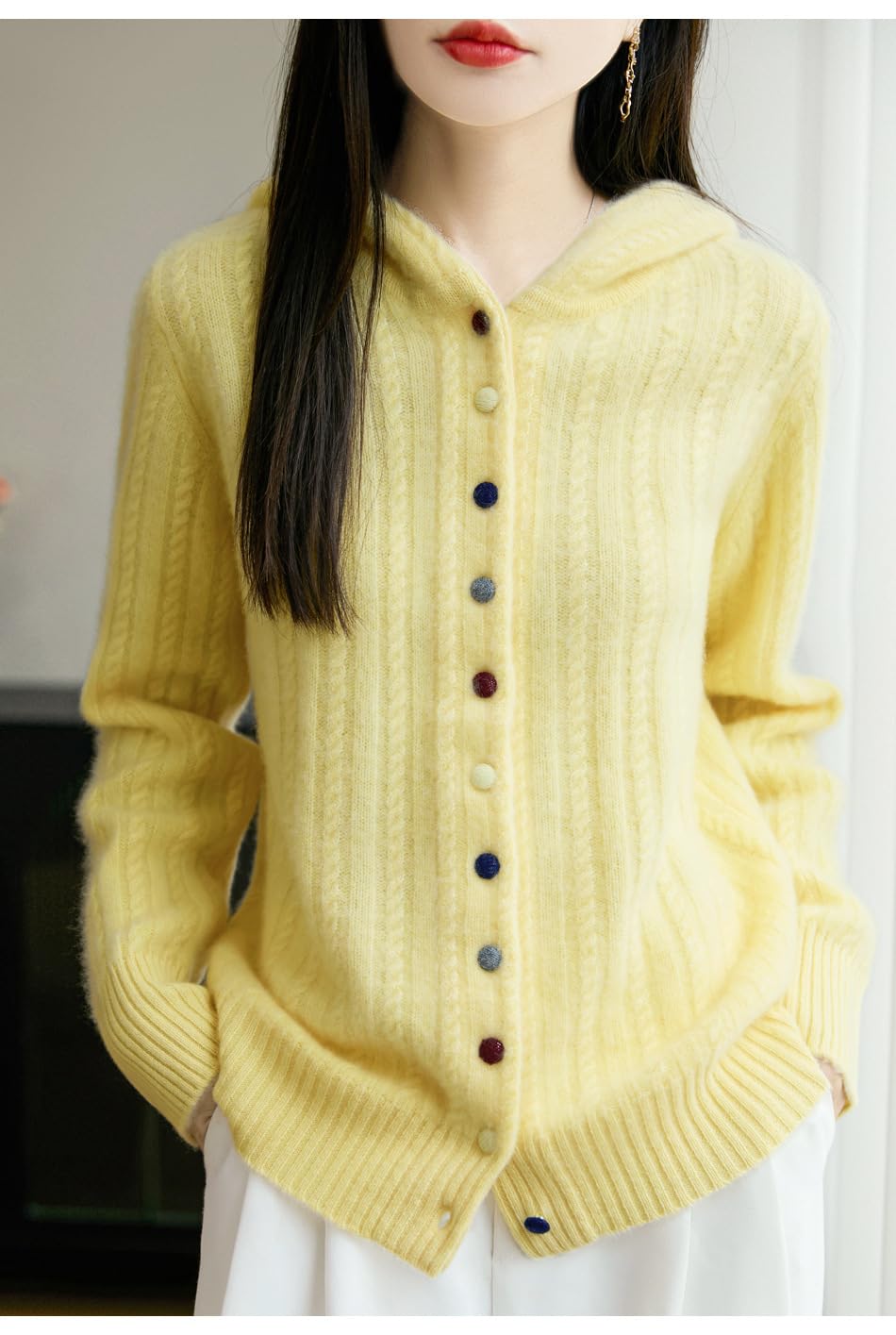 Cardigan Donna Invernale Maglioni Cardigan in Lana Merino da Donna Maglione Spesso Lavorato A Maglia con Cappuccio Top Chic Colorato con Bottoni Cappotto in Maglia Caldo Invernale Felpa A