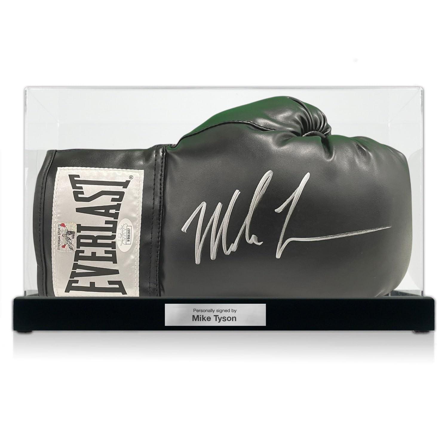 Guantone da Boxe Nero autografato da Mike Tyson. Vetrina con Targa