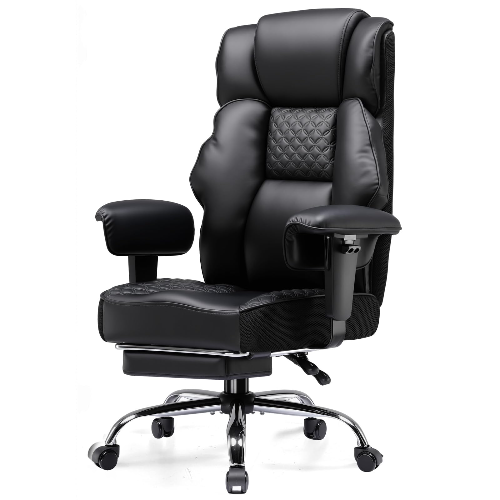 GTPLAYER Silla de oficina ancha con muelle de bolsillo, silla ergonómica de PC, silla de escritorio ajustable y giratoria con reposapiés, piel sintética, 180 kg, color negro