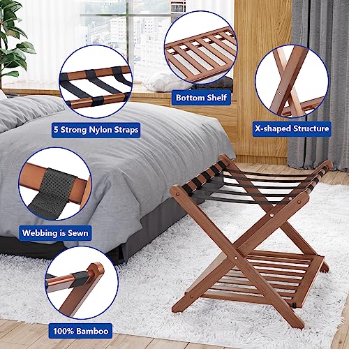 Smuxee Fully Assembled Walnut Luggage Racks Pack of 2, Upgraded Bamboo Foldable Suitcase Stand with 5 Nylon Straps, Luggage Holder with Shelf for Guest Room Bedroom Hotel