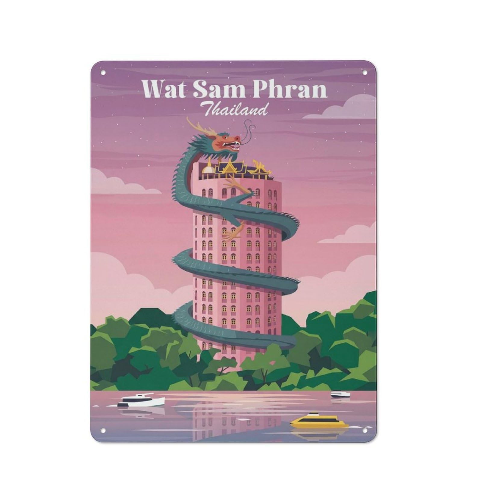 Junmoney Style-17 For Café Or Home Bar, Wat Sam Phran Building Thailand Retro Metal Plaque 40X30cm, A Winter Wall Decor Update For Café-Style Decor Fans