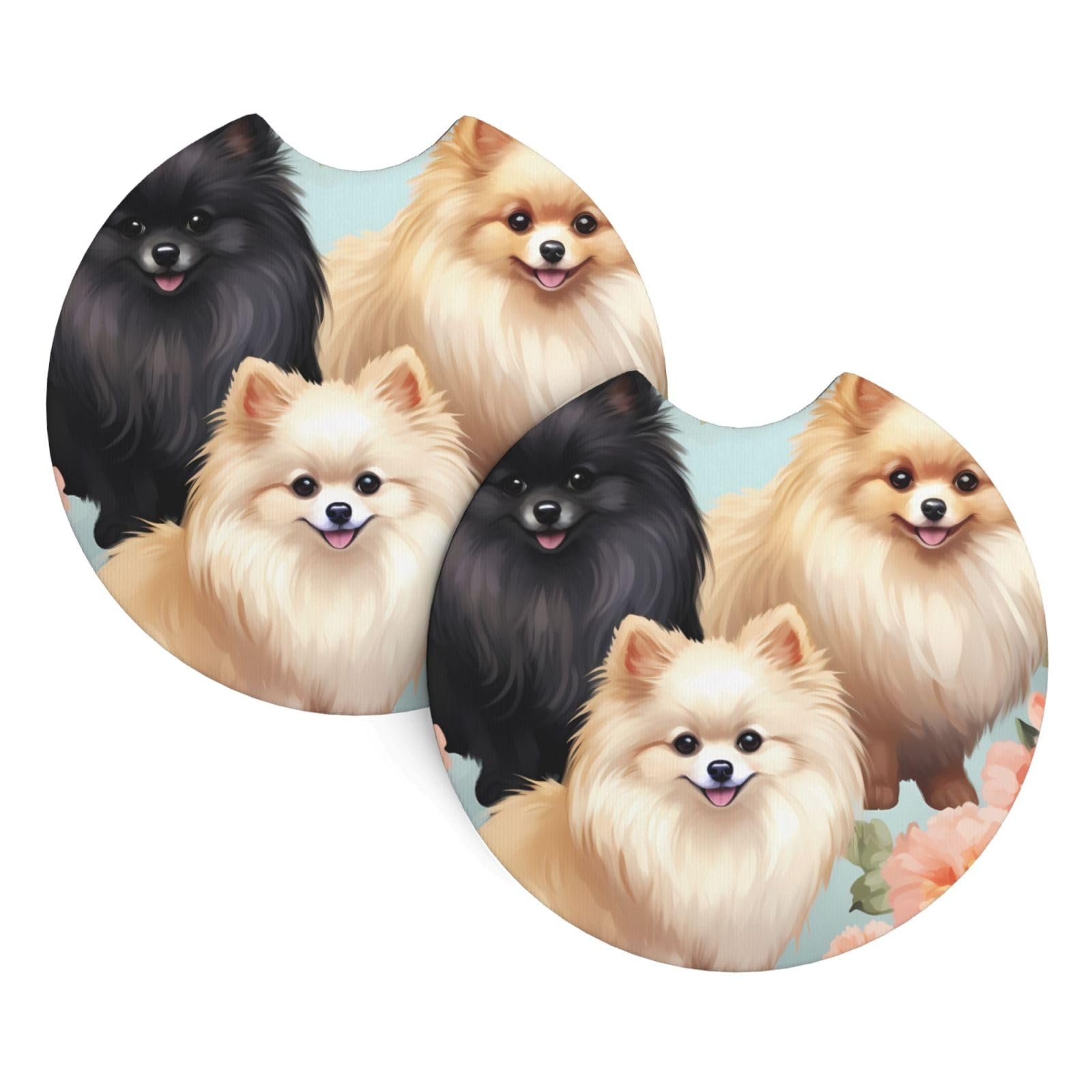 2PCS Car Coaster for Cup Holders Universal Auto Cup Mat Pomeranians Pattern Cup Coaster Pad 2.7" Waterproof Neoprene Non-Slip Cup Holder Coasters Car Interior Accessories for Women Men